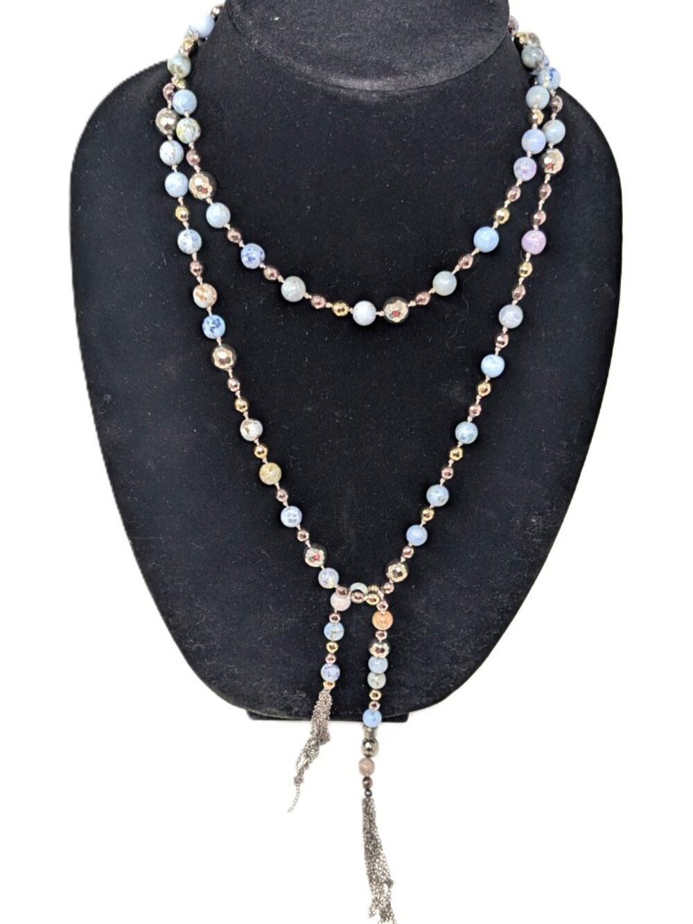 Blue Sodalite Silver tone Beaded Necklace Single strand Tassel lariat Long 53"